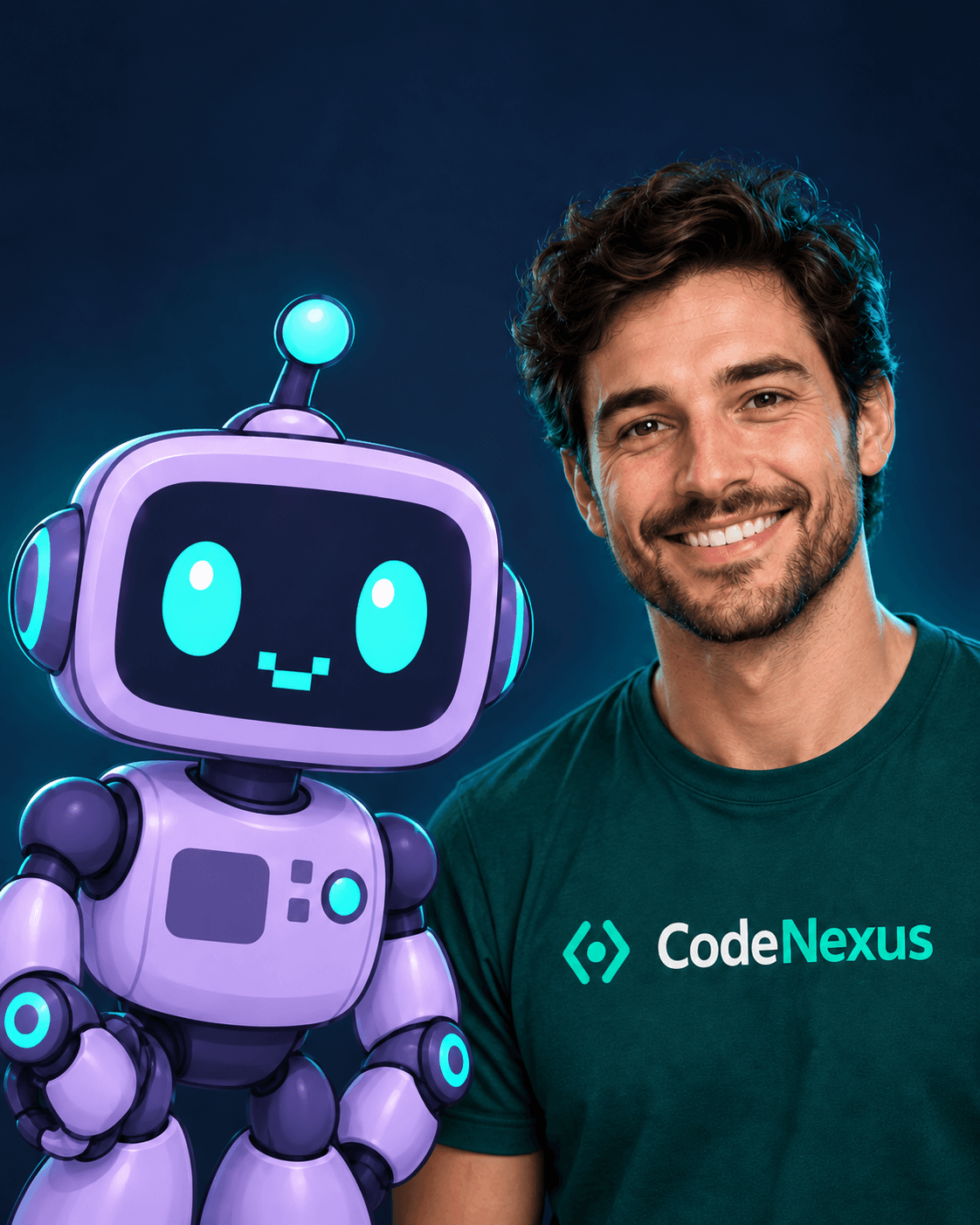 Illustrative portrait of 8-BIT beside a smiling Code Nexus mentor in a dark teal shirt.