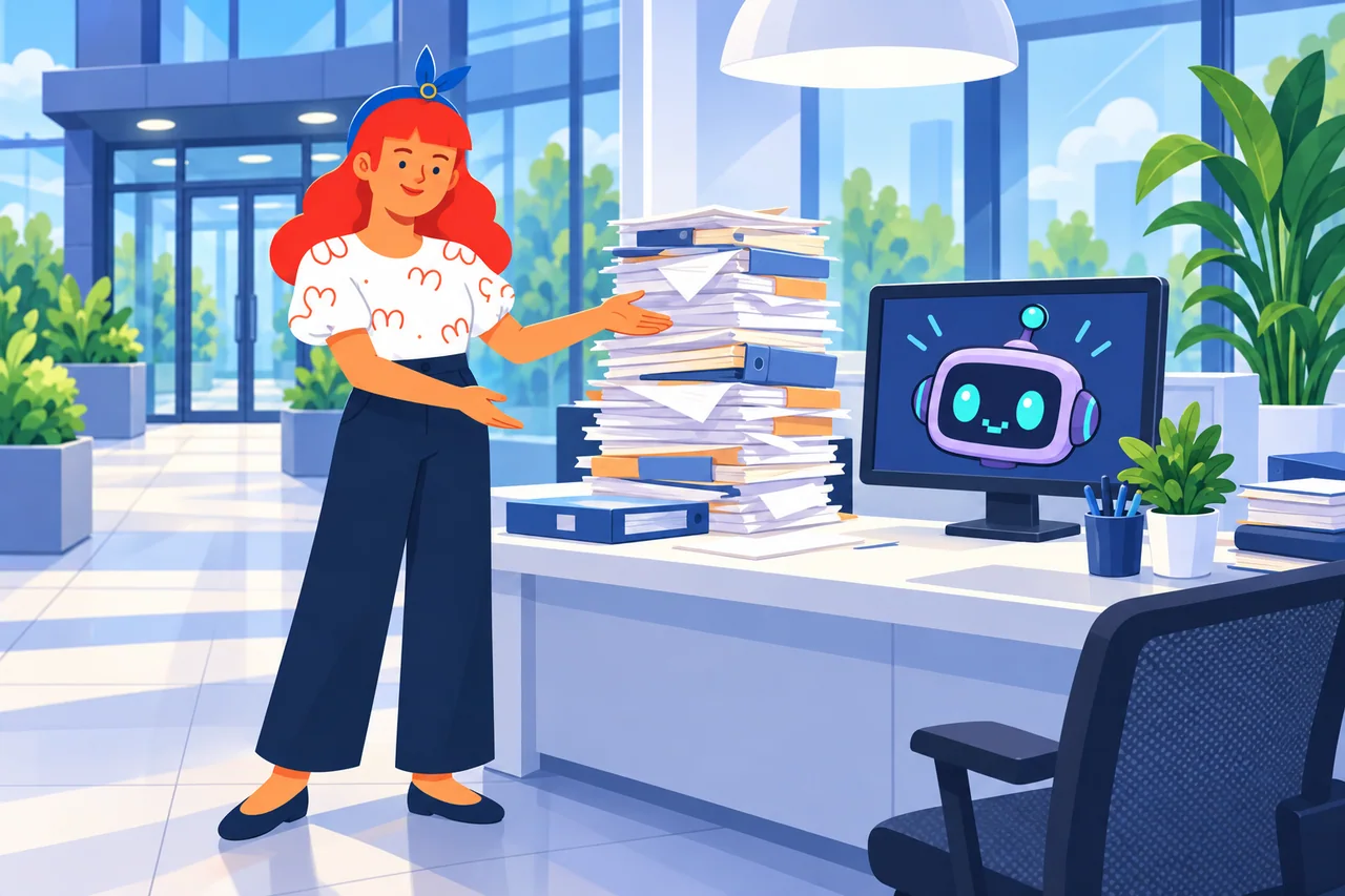 Illustrated office scene: a team lead welcomes a new starter beside a desk with the 8-Bit assistant on screen.