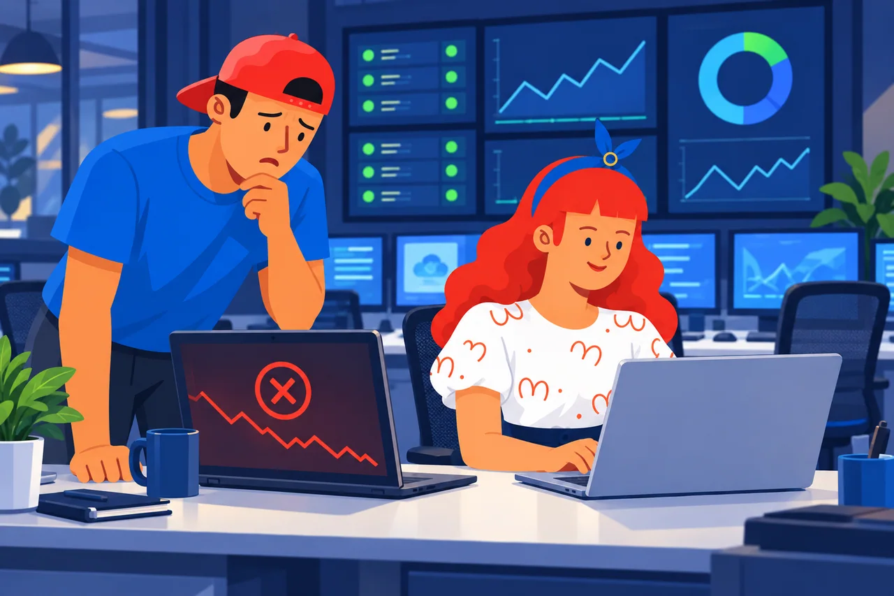 An engineer looks puzzled at a laptop showing a red error while a colleague reviews dashboards.