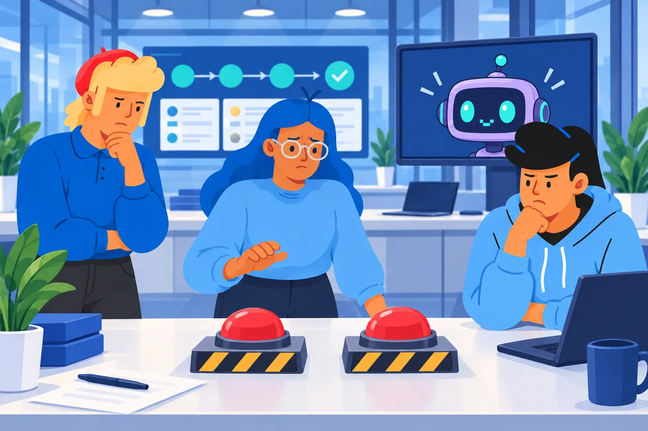 Three engineers in a control room with two red emergency buttons on the desk and the 8-Bit assistant on the wall screen.